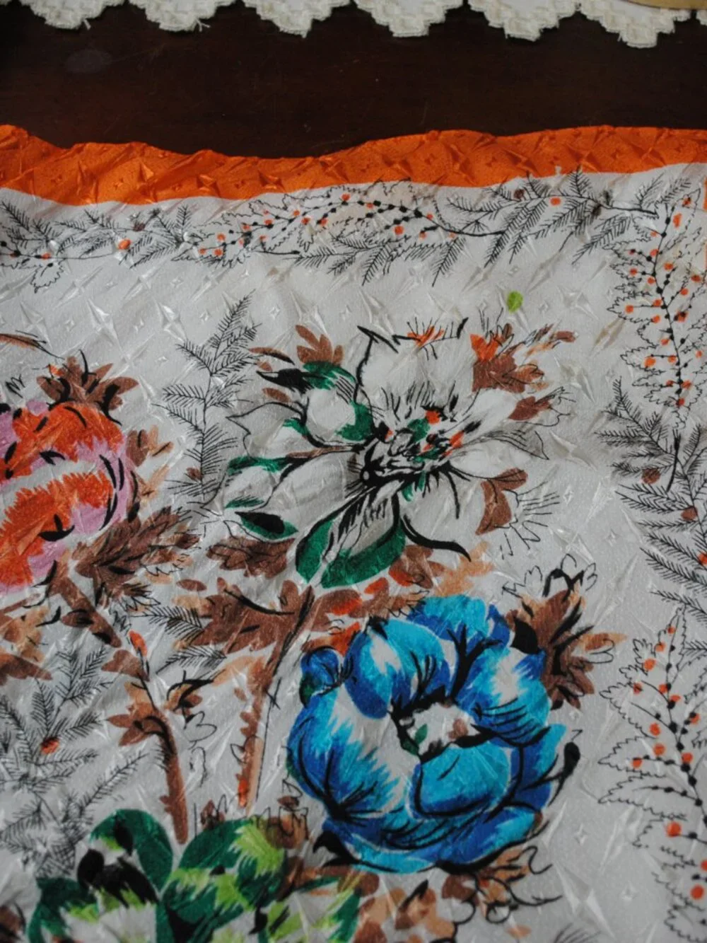 Vintage Large Floral 1950s Scarf made in Japan with Orange Border